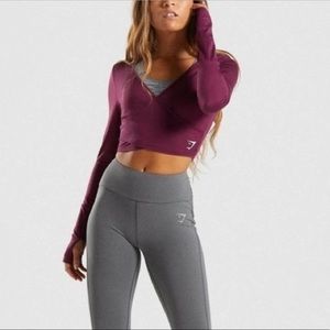 GYMSHARK Long Sleeve V-Neck Wrap Crop Top Size Small Soft Thumbholes Maroon